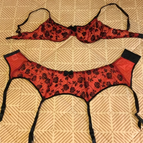 GORGEOUS Delicate red and black mesh flocked bra and garter set, 34B, small - Picture 4 of 10